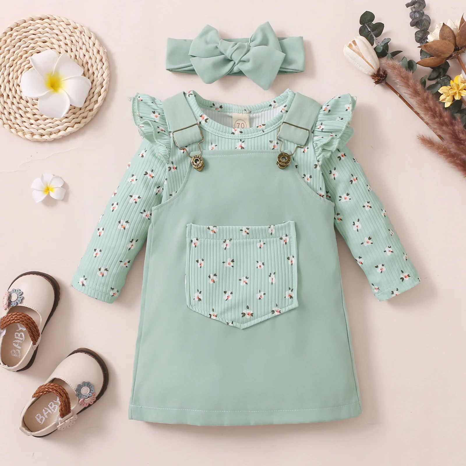 3pcs Children Baby Girl Casual Fly Sleeve Knitted Jumpsuits + Pocket Suspender Dress+ Headwear Clothes Infant Cotton Outfits kids clothes set baby girl clothing set