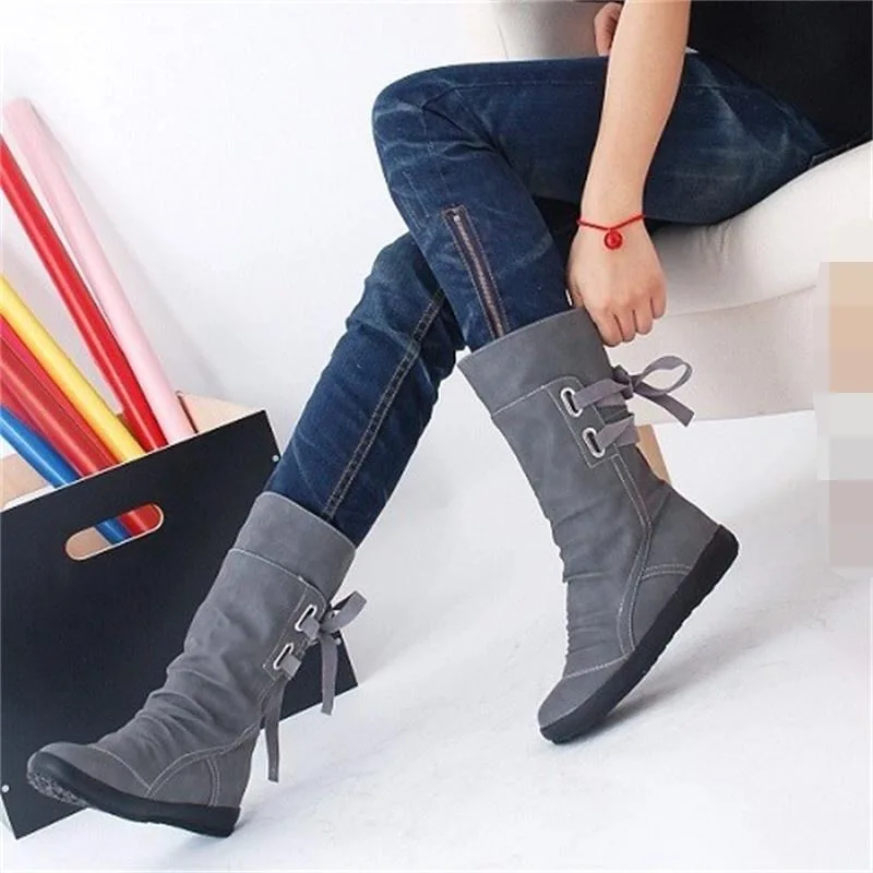 gray Boots Размера плюс женские зимние ботинки модные женские ботинки с пряжкой на плоской подошве до середины голени ботинки martin женские черные кожаные ботинки на шнуровке, теплые зимние ботинки Для женщин T49 - Цвет: gray Boots