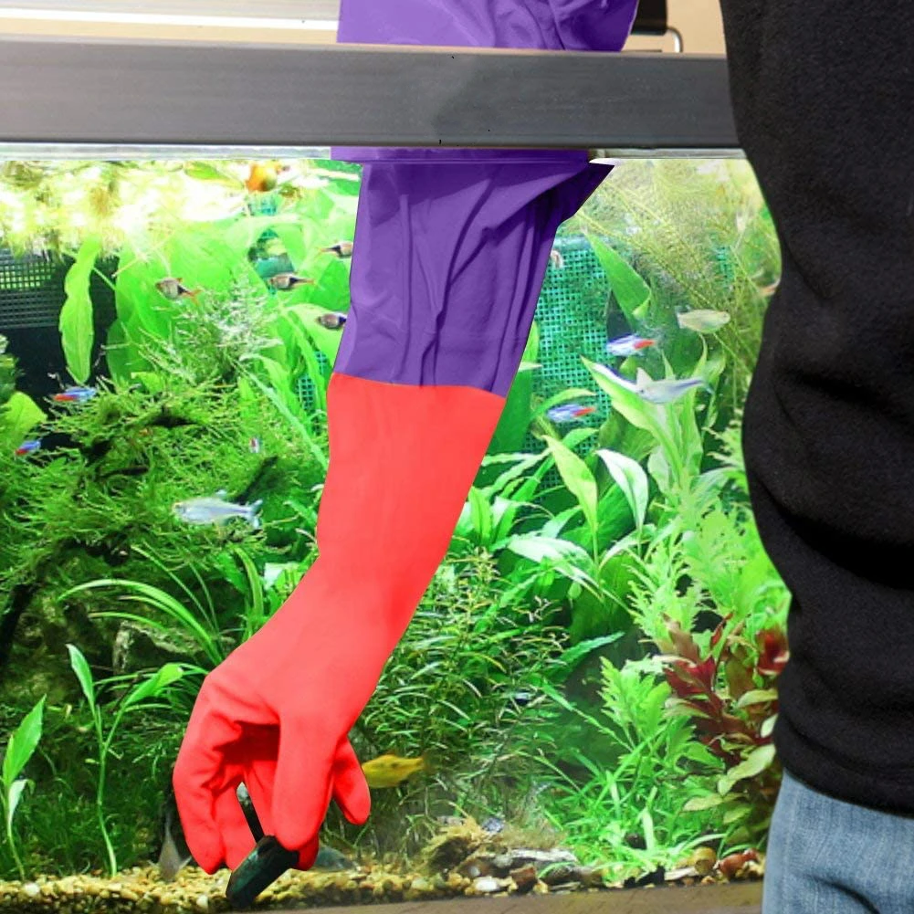 1 Pair Aquarium Water Change Gloves 19.6 Inches No-Skid Design Seamless Stitching Elastic Cuff Regular Fish Tank Maintenance