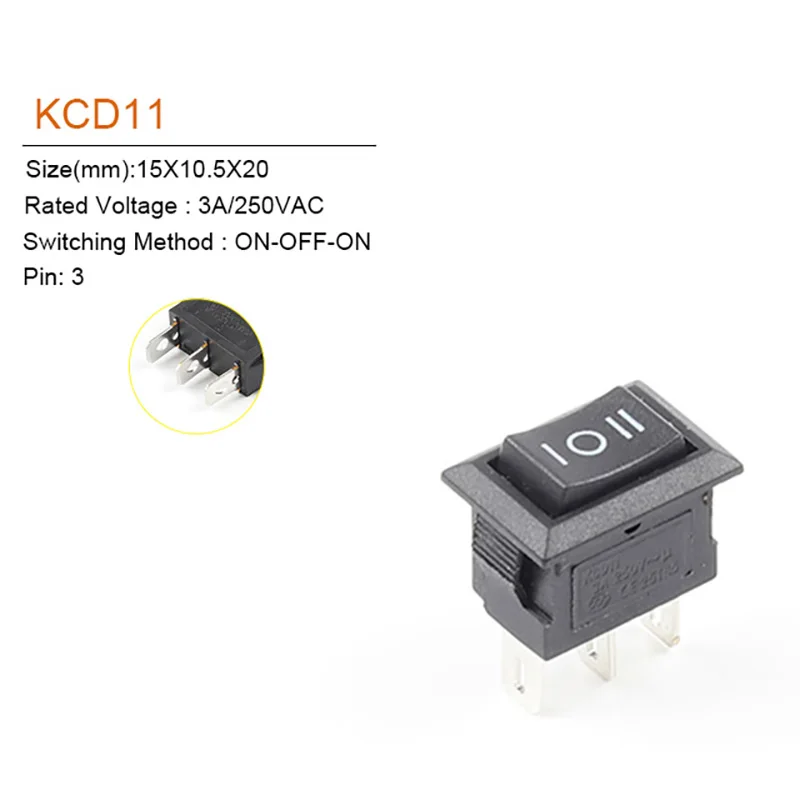 Snap-in Push Button Switch 10 Pcs 10X15mm 3 Pin 3A/250V Mini SPST KCD11 2/3 Position Boat Rocker Power Switches