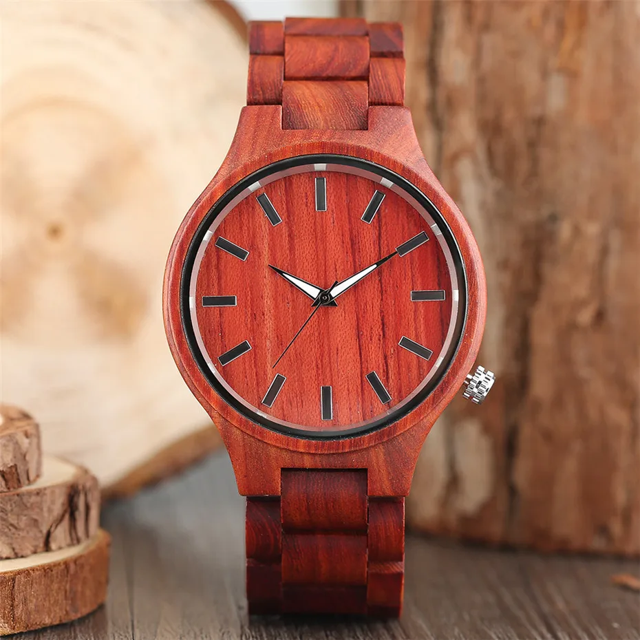 

Luxury Red Wooden Watch Men's Quartz Wristwatch Wood Bangle Watch Band Simple Analog Round Dial Folding Clasp reloj masculino