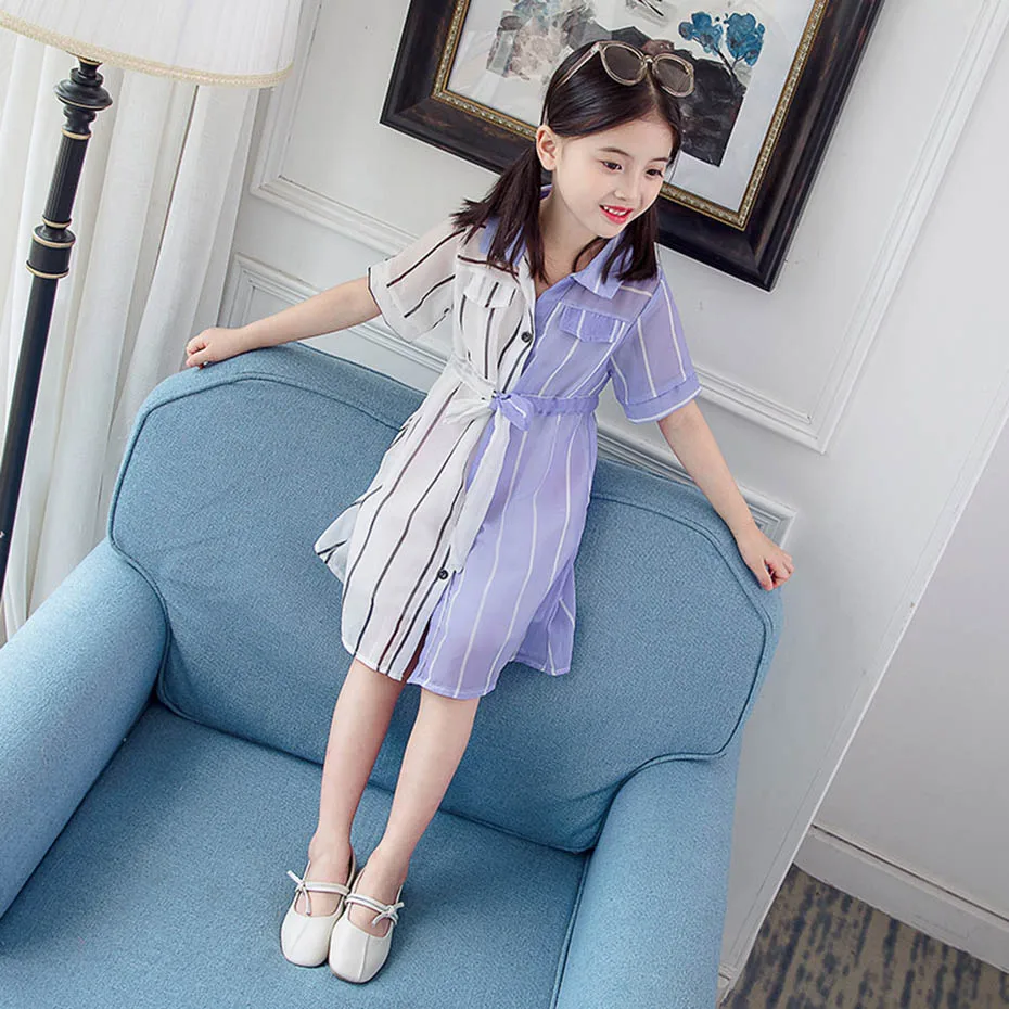 Girls Summer Dress Striped Blouse Dress for Girl Patchwork Kid Shirt Teenage School Costume for Girls girls dress kids clothes