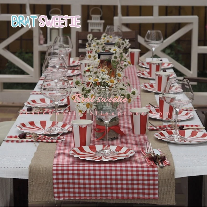 

Red Green Striped Paper Plate Napkins Straw Party Disposable Tableware Christmas Decoration Birthday Party Supplies