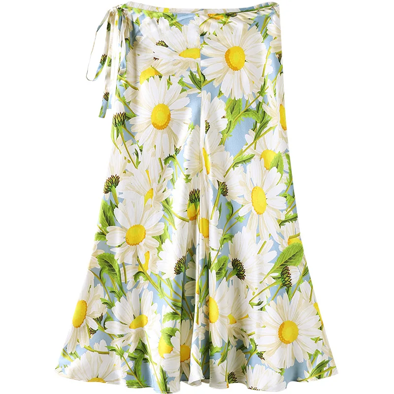 

Women Skirt Silk Floral Skirt Spring High Waist Mid-length Skirt Silk 2020 Daisy Print A-line Skirt