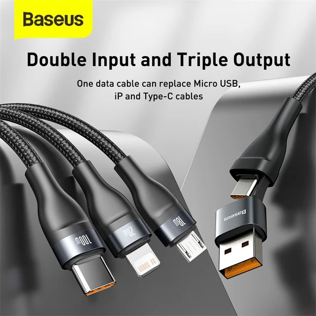 Baseus 3 in 1 USB Type C Cable Fast Charge Cable for iPhone 11 XR 8 Charger Cable 5A 4 in 1 Micro  for Xiaomi Redmi Note 9 3