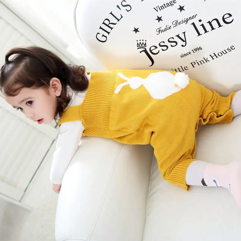 Весенне-осенние вязанные штаны на подтяжках в Корейском стиле для малышей для маленьких мальчиков и девочек, с кроличьим хвостом, бархатные, плотные, из чистого хлопка, на подтяжках