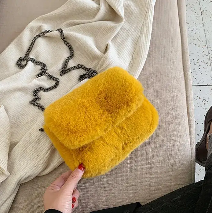 yellow Модные плюшевые женские сумки на плечо с цепочкой, дизайнерские женские сумки через плечо ярких цветов, роскошная меховая сумка через плечо, маленькая дамская сумочка с клапаном - Цвет: yellow