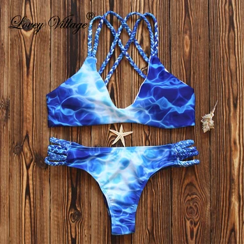 

Lovey Village 2020 Women Blue Print Swimwear Lace-up Bikini Set Summer Sexy Swimsuit Bathing Suits Women Brazilian Bikini