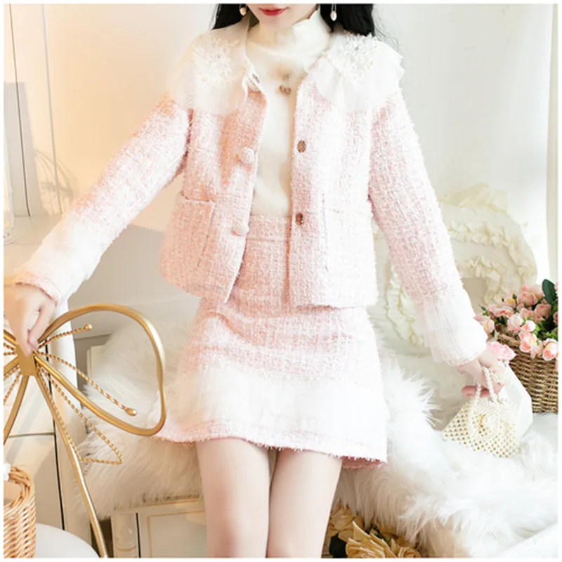 

Women‘s Grace Tweed Splicing Chiffon Nail bead Doll Collar Jacket Coat+Mini Short Skirt Set 2019 Women Tweed 2 Piece Set