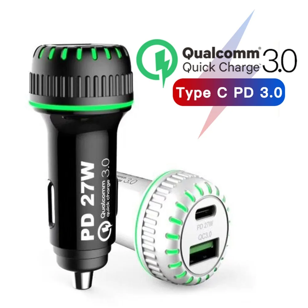 

double car USB charger for huawei xiaomi iphone Fast QC3.0 3A led light USB type c charger 18W PD charging Universal for car