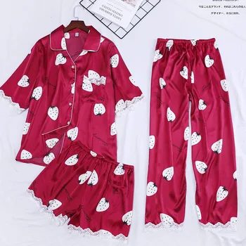 

FZSLCYIYI Short sleeve shirt +pants + Shorts Nightwear Summer Homewear 3 PCS rayon Woman Pajamas Comfort Satin Soft Sleepwear