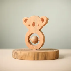 Anneau de dentition en bois de hêtre pour nouveau né, jouet pour poussette, dessin animé, Animal, sucette, pendentif chaîne, sans BPA, cadeau 