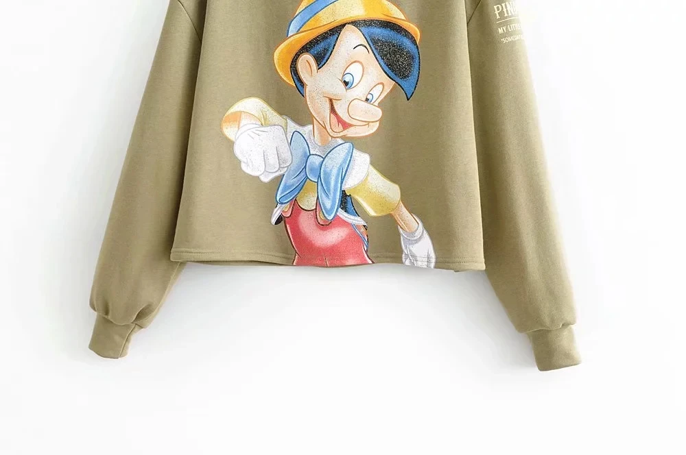Pinocchio Fairy Women Hoodies New Winter Cartoon Print Green Long Sleeve O Neck Ladies Sweatshirt Casual Zaraing Pullover