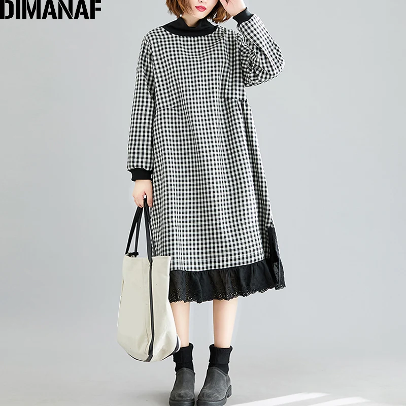 DIMANAF, осенне-зимнее женское платье, винтажное, водолазка, в клетку, размера плюс, для женщин, для девушек, Vestido, кружевное, хлопковое, флокированное, плотное, теплое - Цвет: 3pang1590-hei