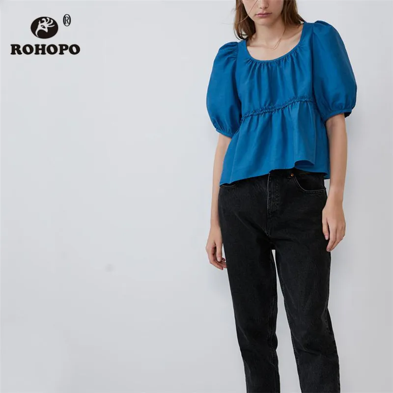 

ROHOPO High Low Peplum Overlocked Waist Puff Sleeve Blue Blouse Autumn Female Ruffled Pullover Top Shirt #9338