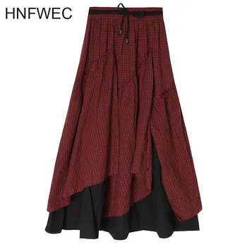 

High Elastic Waist Red Plaid Ruffles Asymmetrical Stitch Half-body Skirt Women Fashion Tide New Spring Autumn 2020 V783