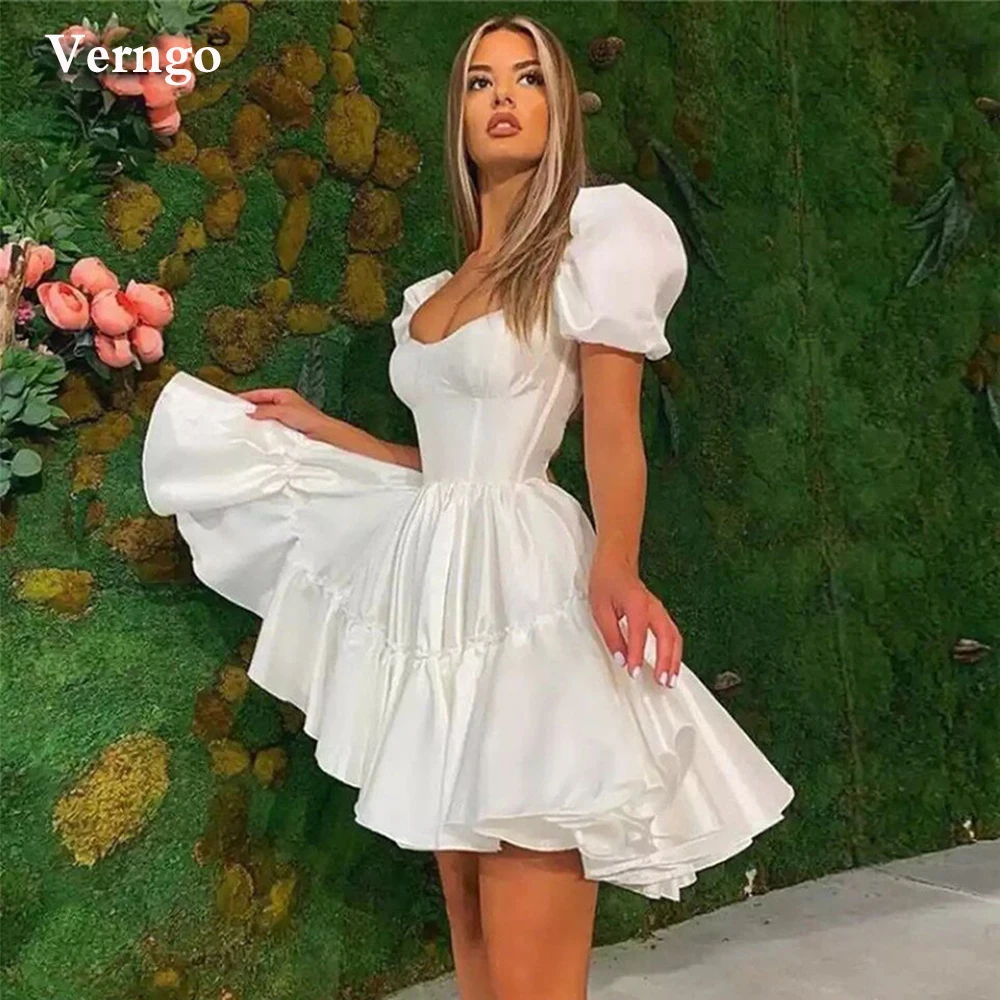

Verngo A Line Satin Civil Wedding Dresses Short Sleeves Deep V Neck Sexy Criss Cross Straps Backless Bridal Party Gowns 2021