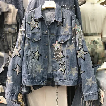 

Spring 2020 new shiny pentagram embroidered sequins beaded denim jacket women tassel loose jean coat 2099