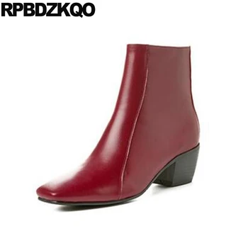 

big size 10 11 booties women 2019 square toe shoes red autumn brand fur block ankle genuine leather winter chunky side zip boots
