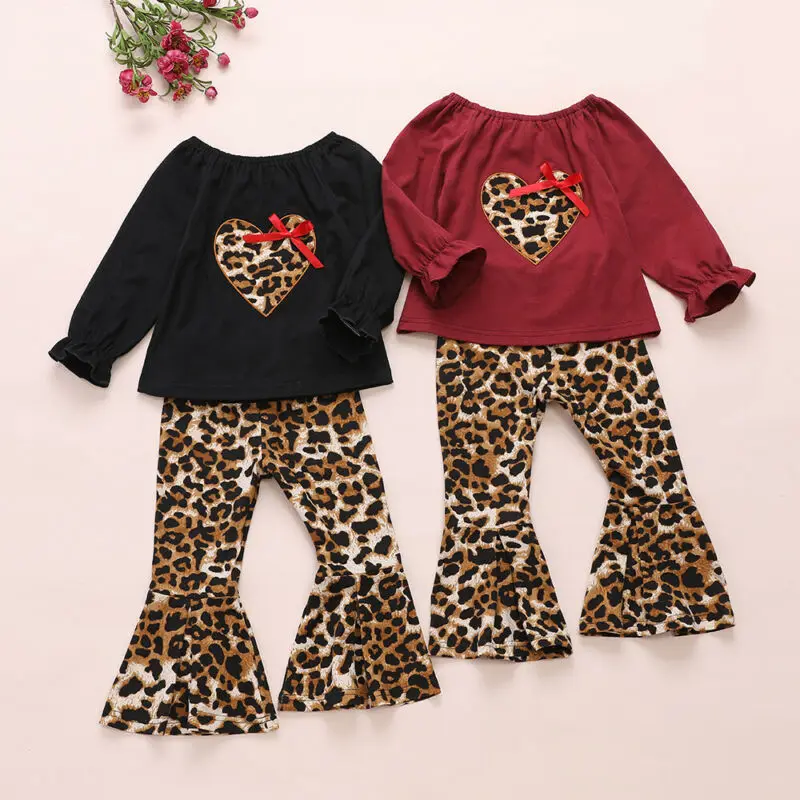 Spring Infant Baby Girl T-shirt Heart Tops + Leopard Print Flares Pants Outfit Clothes Casual Set | Детская одежда и обувь