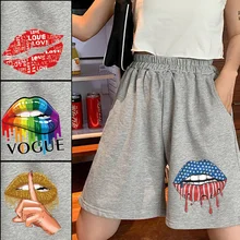 

Summer Gray Shorts Women Fashion Mouth Printed Elastic Waists Drawstring Short Pants High Waist Streetwear Straight Wide-leg