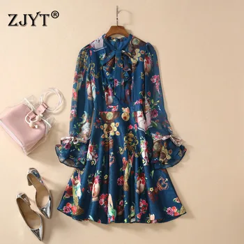 

Europe Fashion Spring Runway Dress High Quality Women New 2020 Flare Sleeve Bow Neck Vintage Print Indie Folk Dress