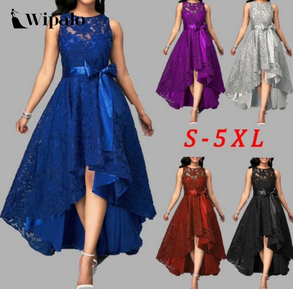 high low sleeveless belted lace dress