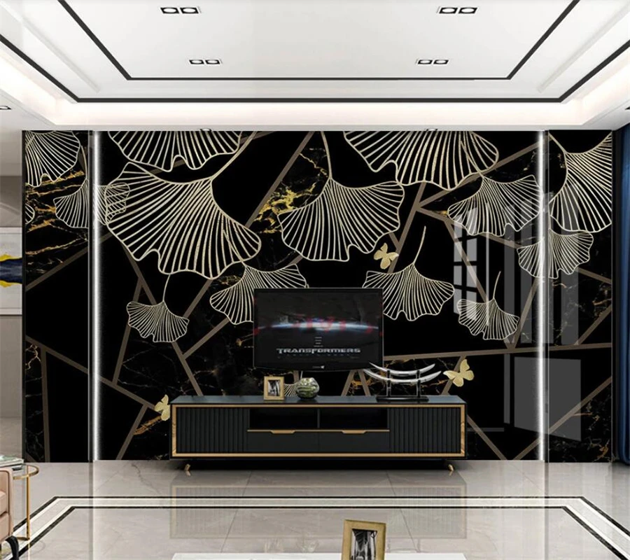 Beibehang-Custom-large-wall-painter-with-modern-light-luxury-abstract-geometric-black-gold-leaf-marbled-background (3)