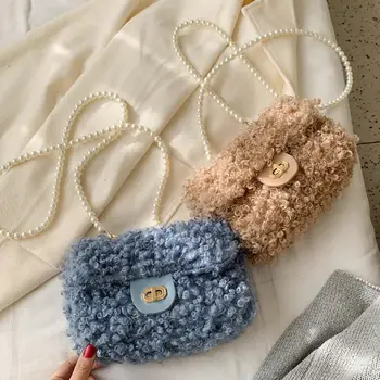 

Elegant Female Square Crossbody Bag 2019 Winter New Plush Women's Designer Handbag Pearl shoulder strap Shoulder Messenger