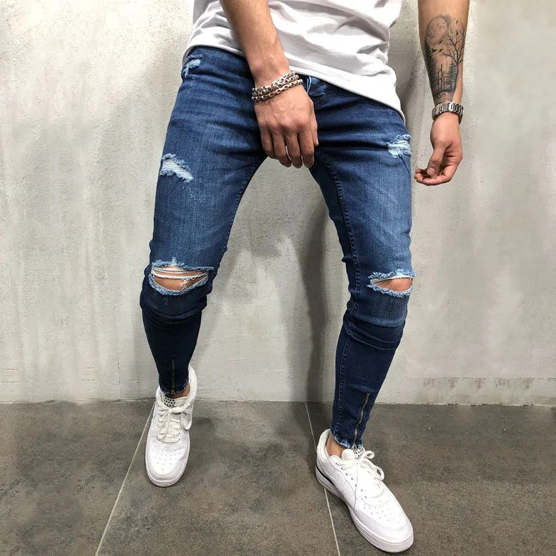 Мужские Синие рваные колени обтягивающие джинсы рваная уличная одежда рваные тонкие эластичные ковбойские хип-хоп рваные джоггеры джинсовые штаны