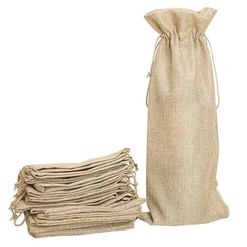 

New 10pcs Jute Wine Bags, 14 x 6 1/4 inches Hessian Wine Bottle Gift Bags with Drawstring