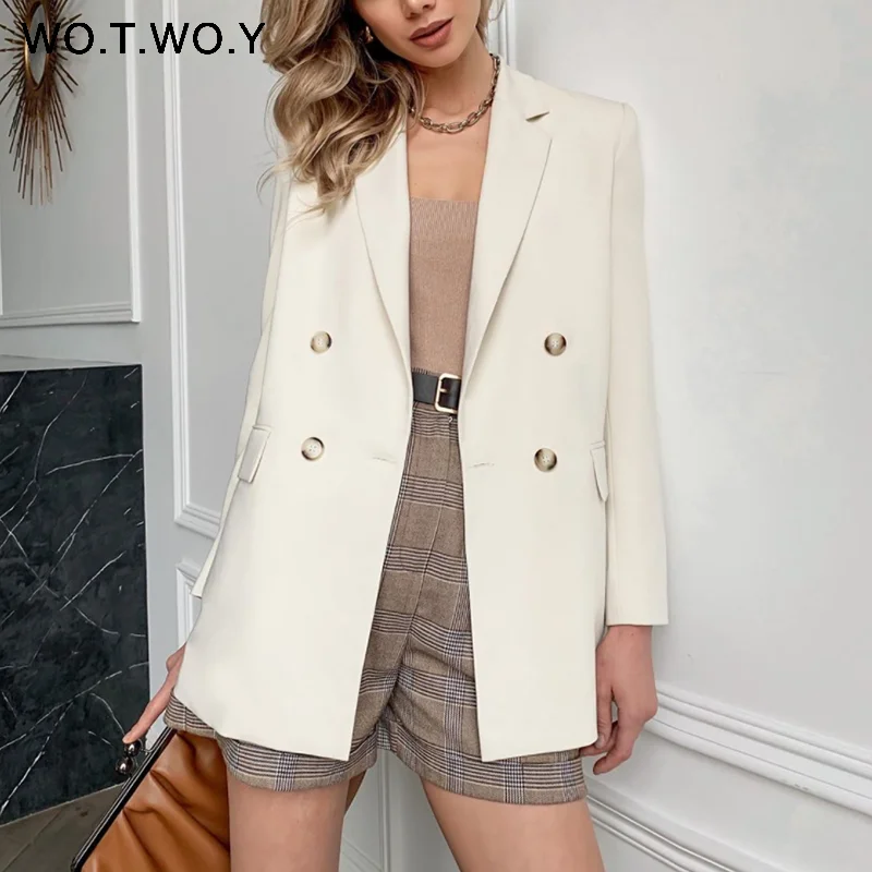 Женские офисные блейзеры Wo. T. W o.y, белые однотонные пальто с длинным рукавом, на одной пуговице, с карманами, на осень-зиму 2020