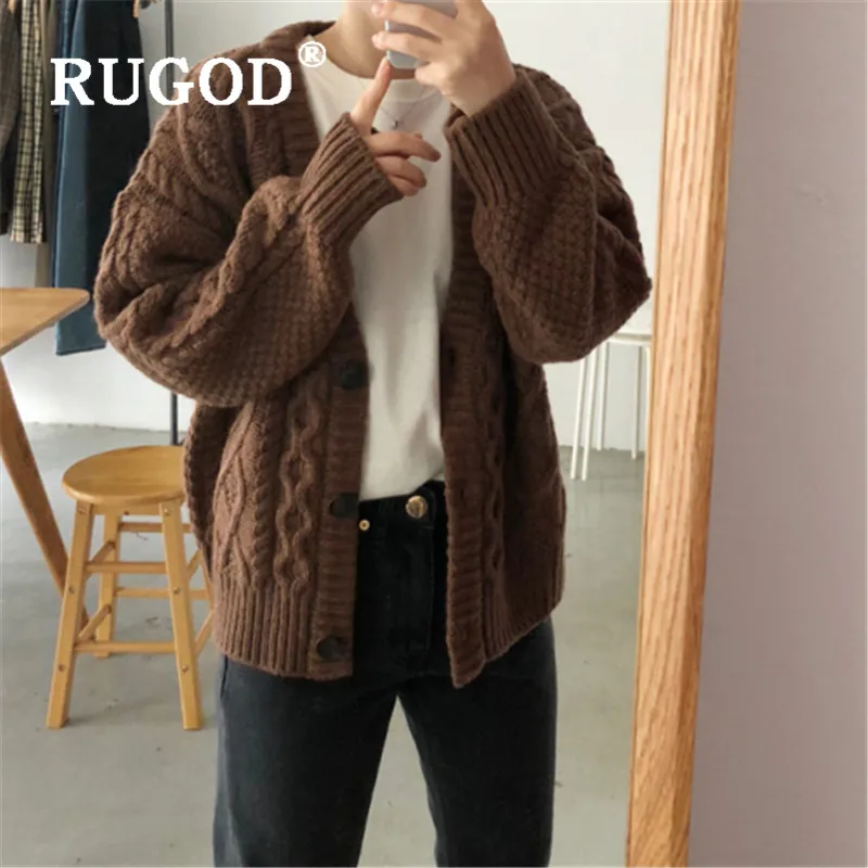 RUGOD корейский стиль Шикарный однобортный однотонный вязаный кардиган женский теплый мягкий свитер модный