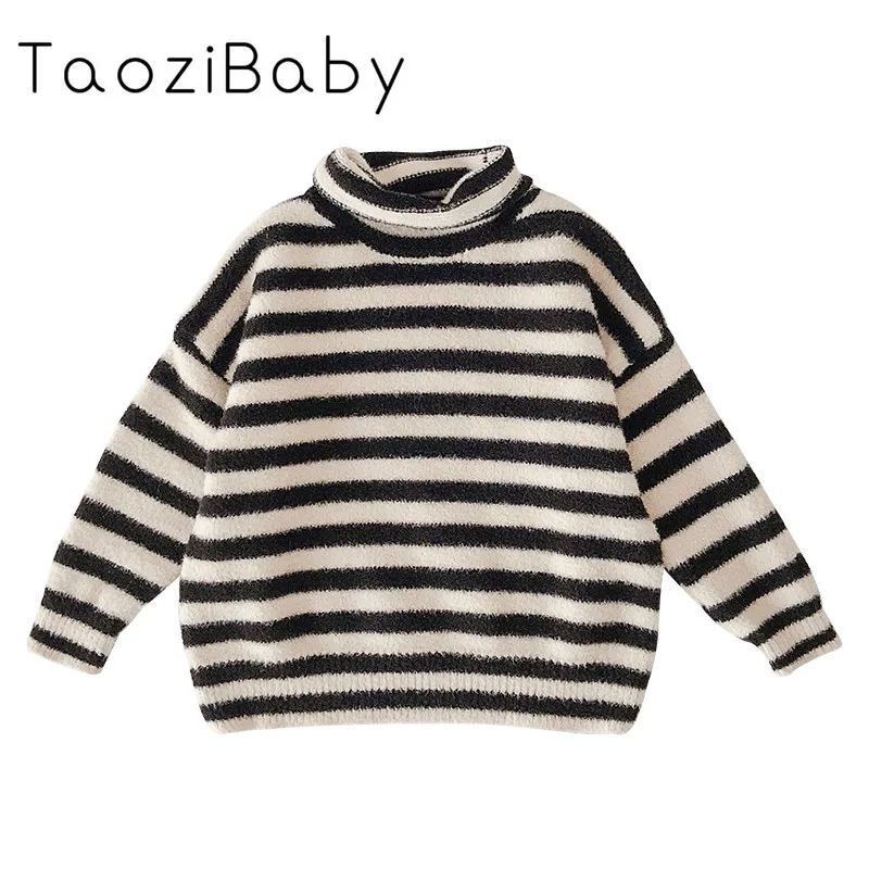 

Girls Winter Imitation Mink Sweater Children High Neck Warm Bottomed Sweater Stripe Knitted Sweater New Style Outerwear Coat