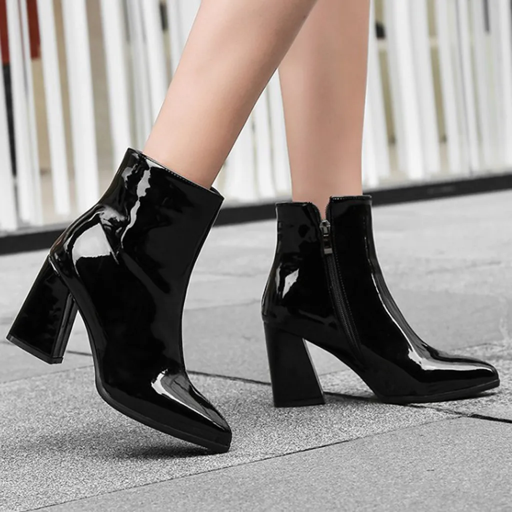 

women shoes women's boots autumn and winter PU Women Boots Pointed Mirror Patent Leather Party Booties Ladies Shoes