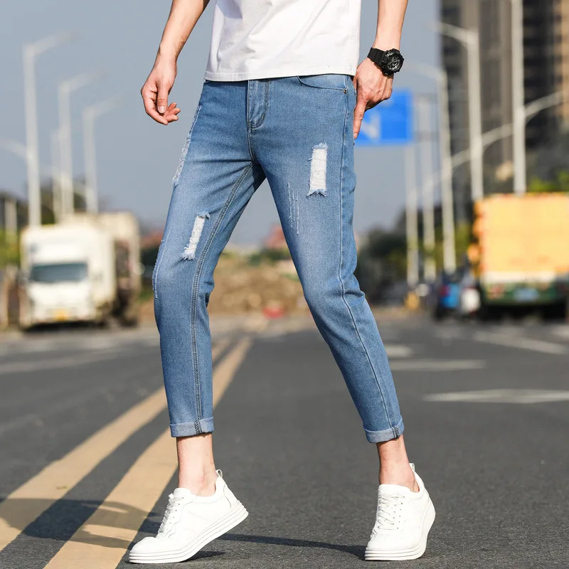 

Distressed Stretch Jeans Retro Blue Ripped Hole Stretch Denim Trousers Skinny Jeans New Tape Design Slim Fit Jeans For Men