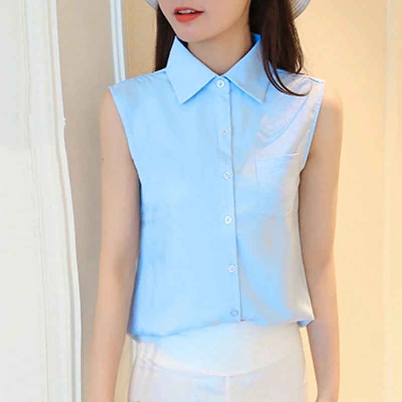 

Women Chiffon Blouse Summer Shirt Blusas Femeninas Solid Color Turn-down Collar Sleeveless Blouse