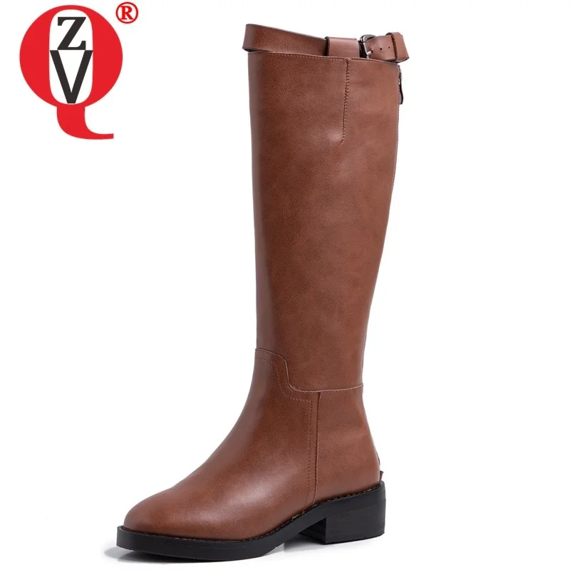 

ZVQ winter new fashion round toe knee high boots outside comfortable mid heels zip genuine leather women shoes drop shipping