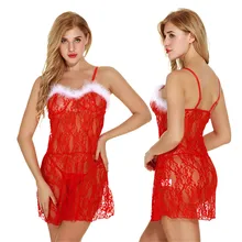Женское сексуальное рождественское нижнее белье, ночная рубашка, одежда для сна с красным кружевом, Эротическая Ночная сорочка, женское платье для сна