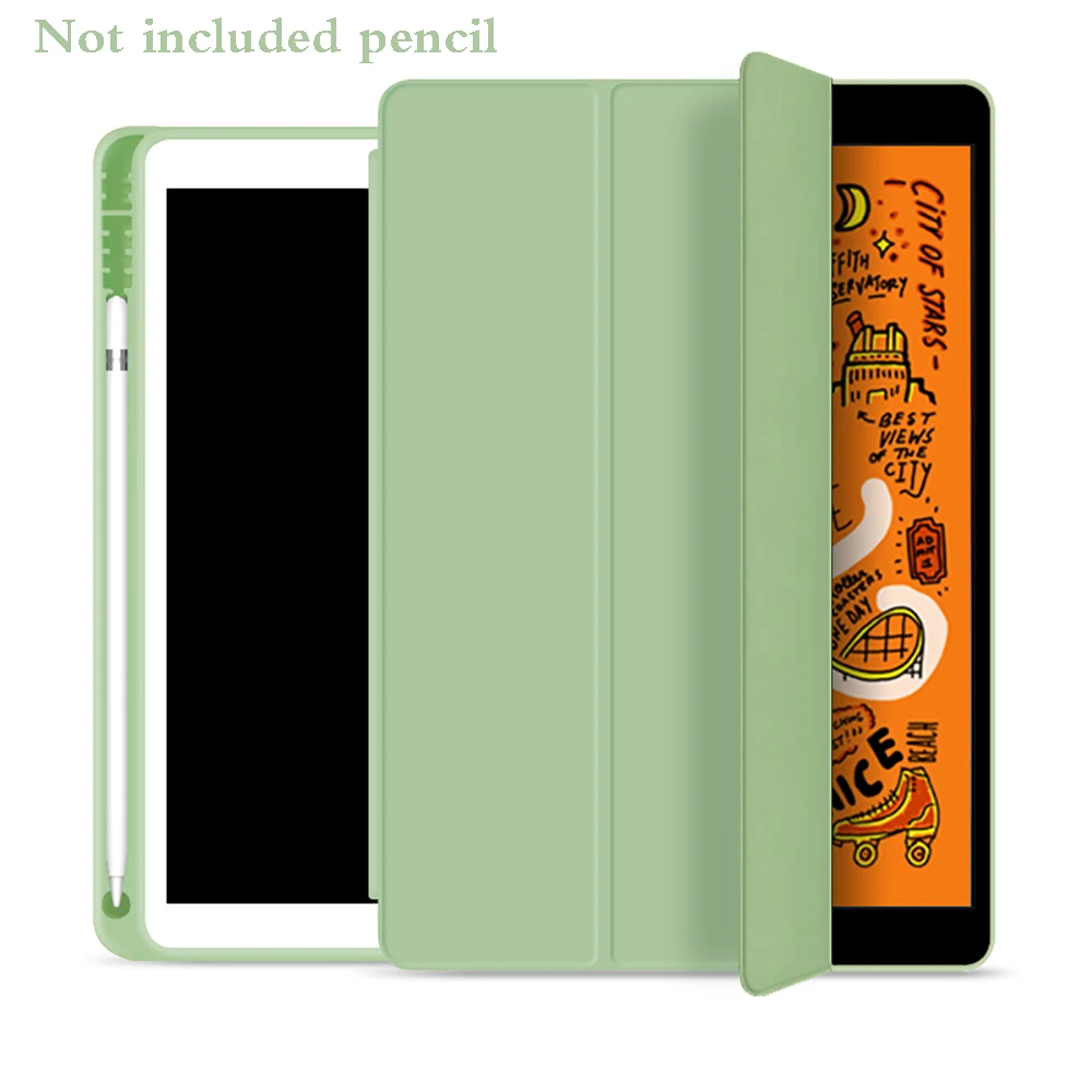 For New iPad 10.2 inch Model A2197 7th Gen Cover With Pencil Holder, Slim Tri-fold PU Leather Smart Case have wake up sleep - Цвет: Matcha Green