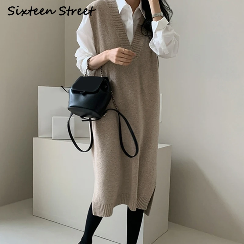 2021 New Autumn Sleeveless Long Knitted Dresses V-Neck Warm Soft Wool Sweater Female Fall Winter Knitwear Women Clothing Gray | Женская