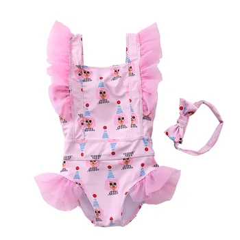 

2020 Baby Girls Ruffles Straps One Piece Swimsuit Cute Print Toddler Girl Swimwear with Bows +headband