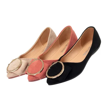 

New Style Spring WOMEN'S Shoes British Style Suede Soft-Sole Soft Surface Pointed-Toe Flat Keel Thin Shoes Metal round Buckle De