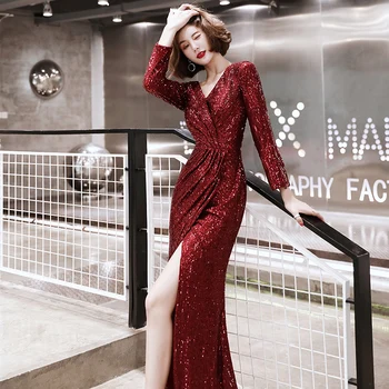 

Evening Dress Burgundy Shining Sequined Formal Gowns 2020 Elegant Split Evening Dresses Floor-Length Mermaid robe de soiree K060