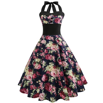 

Women Vintage Dresses Plus Size Floral Print Pin Up Halter Summer Dress Retro 50s Rockabilly Sexy Party Dress Vestidos