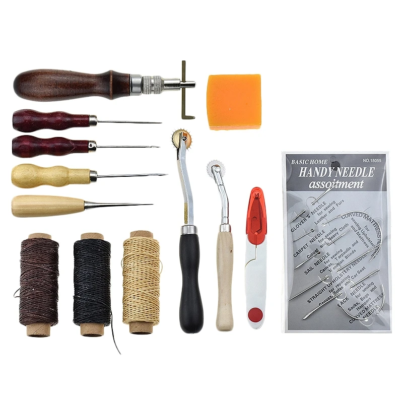 

14Pcs/Set Leather Craft Tools Kit Hand Sewing Stitching Punch Carving Work Thread Awl Waxed Thimble Kit Saddle Leather Craft Too