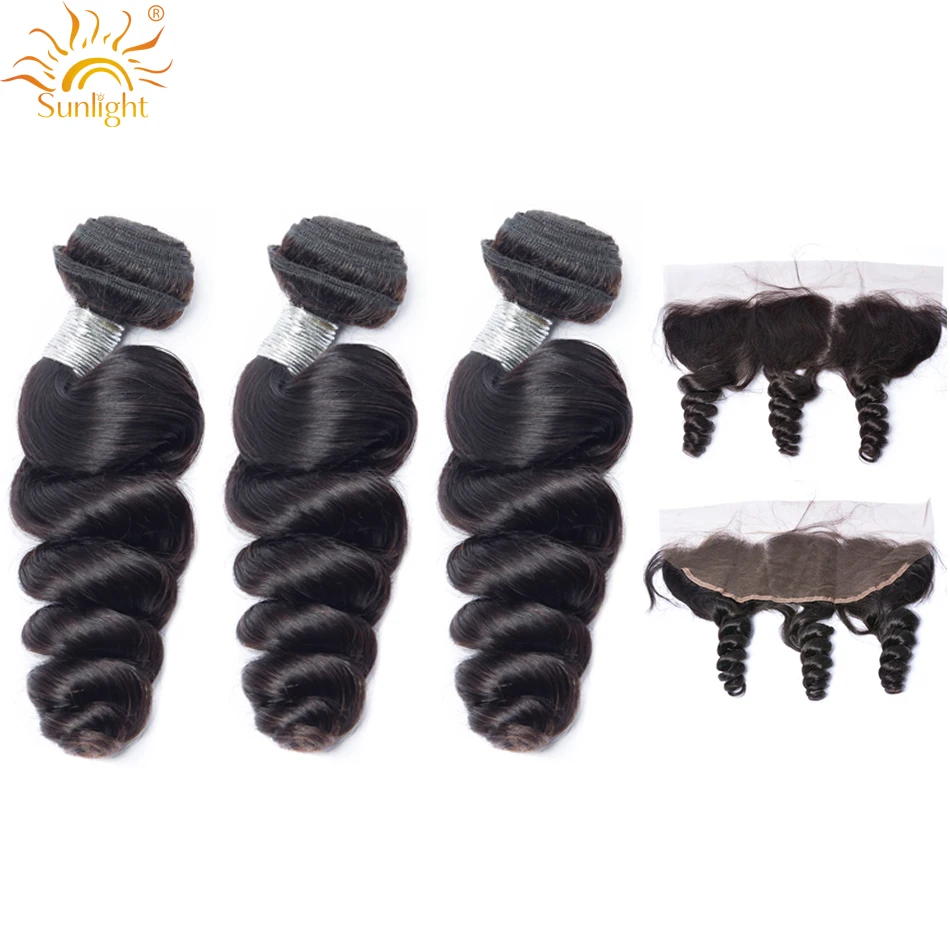 Peruvian Loose Wave Bundles With Frontal Human Hair Bundles With Closure Sunlight Remy Human Hair With Ear to Ear Lace Closure