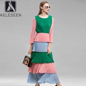 

AELESEEN Runway Fashion Maxi Dress 2020 Spring Summer Women Dress Contrast Color Cascading Ruffles Party Elegant Pleated Dress