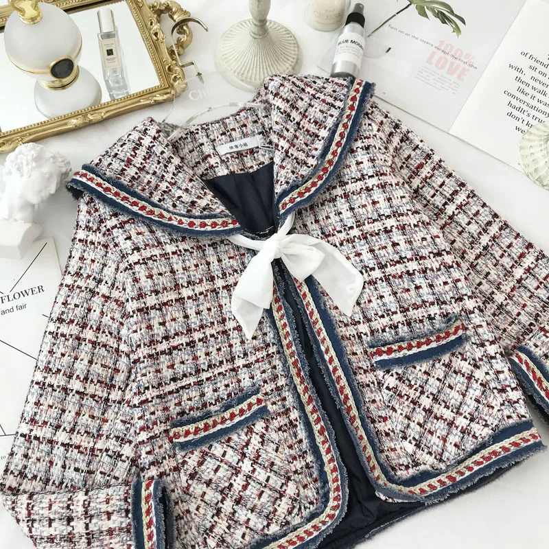 Многоцветный Новые осенние женские модные короткие куртки с матросским воротником в стиле ретро, клетчатое элегантное пальто из хлопка, винтажное милое пальто с бабочкой, кардиган, верхняя одежда - Цвет: Многоцветный