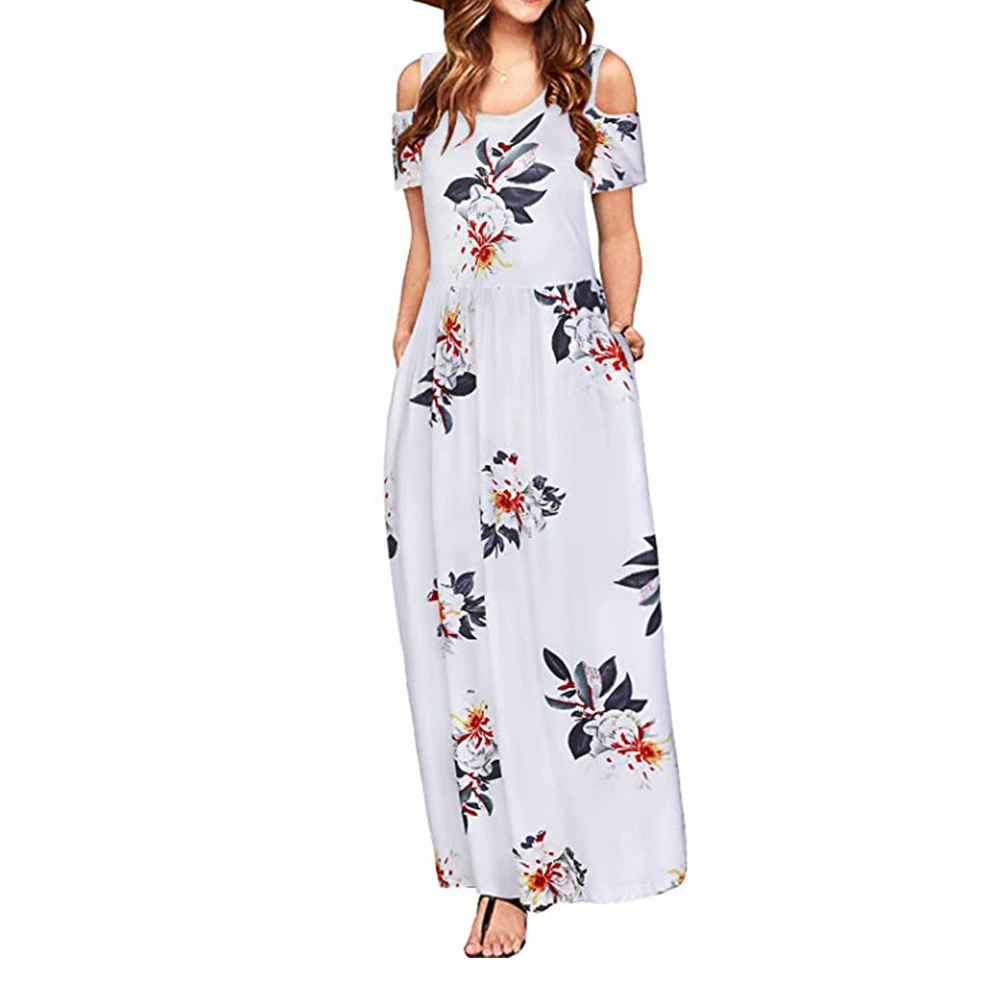 White Flower Элегантные с карманом эластичные длинные летние праздничные холодное плечо Хлопок Смесь женское платье цветочный принт привлекательные модные вечерние - Цвет: White Flower